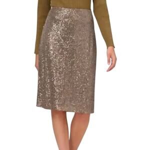 ADRIANA PAPELL NWT $138 Sequined Pull on Knee Length Skirt Gold